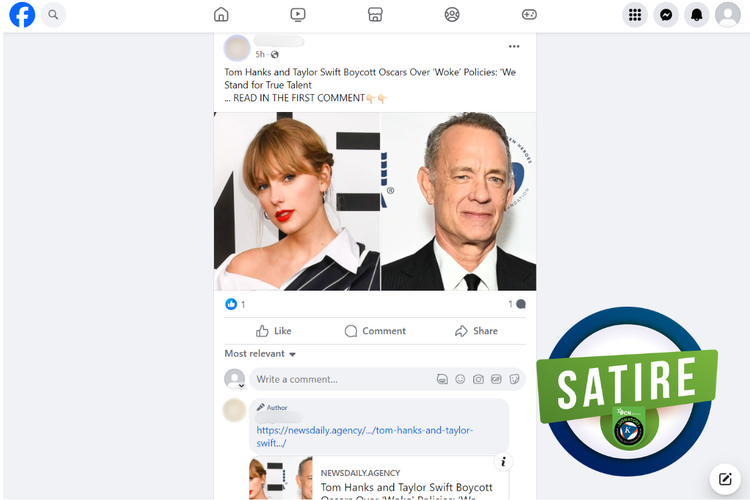 Tangkapan layar konten satire di sebuah akun Facebook, Rabu (3/4/2024), soal Taylor Swift dan Tom Hanks memboikot Piala Oscar.