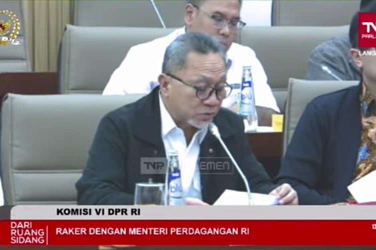 Menteri Perdagangan Zulkifli Hasan dalam rapat kerja bersama Komisi VI DPR RI di Jakarta, Senin (27/11/2023). (Tangkapan layar)