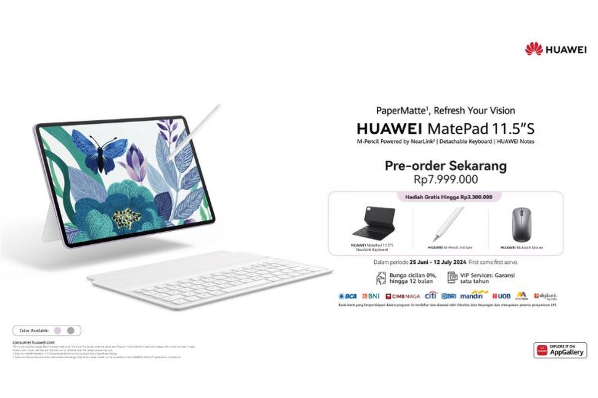 Pelanggan yang memesan HUAWEI MatePad 11.5 S melalui program pre-order berkesempatan mendapatkan bonus senilai totla Rp 3,3 juta. 