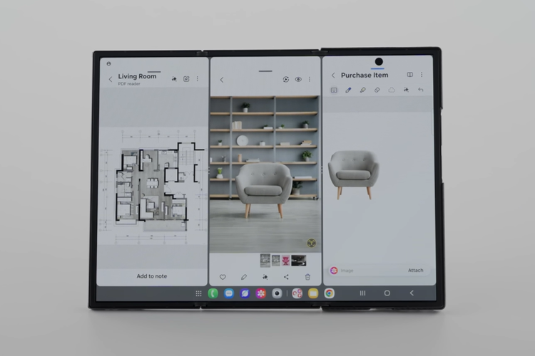 Tampilan Samsung Galaxy Z TriFold ketika dipakai multitasking tiga aplikasi.