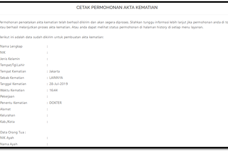tampilan surat permohonan akta kematian di situs alpukat betawi Dukcapil Jakarta