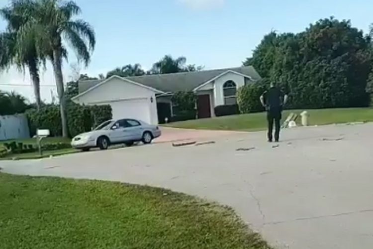 Polisi memperhatikan ketika sebuah mobil abu-abu berisi seekor anjing Labrador bernama Max mundur dan berputar-putar selama satu jam dalam insiden di Port St Lucie, Florida, AS.