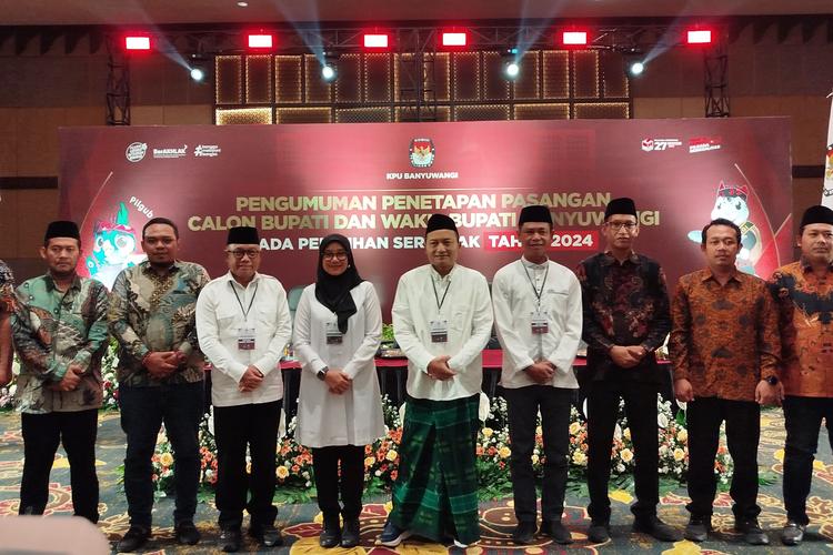 KPU Banyuwangi menetapkan dua pasangan calon dalam Pilkada Banyuwangi 2024 pada Minggu (22/9/2024). Kedua pasangan calon yang ditetapkan adalah Ipuk Fiestiandani dan Mujiono, serta Ali Makki Zaini dan Ali Ruchi.

