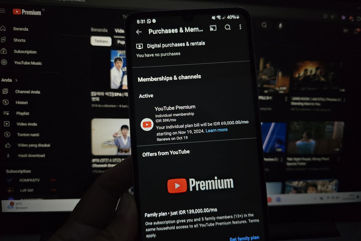 Harga langganan YouTube Premium naik per November 2024. Individual Plan jadi Rp 69.000/bulan dan Family Plan jadi Rp 139.000/bulan.