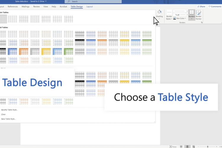 Tangkapan layar cara mengubah tampilan tabel di Microsoft Word