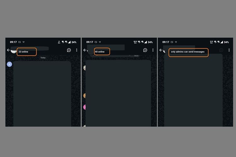 Tampilan indikator jumlah anggota grup WhatsApp yang online pada grup yang terbuka (kiri, tengah) dan perbandingannya dengan grup WhatsApp yang dikunci