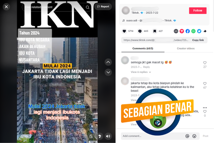 Tangkapan layar unggahan dengan narasi sebagian benar di sebuah akun TikTok, mengenai Jakarta tidak lagi menjadi ibu kota Indonesia mulai 2024.