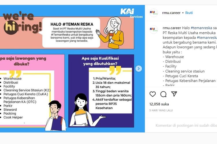 Tangkapan layar lowongan kerja anak usaha PT KAI. 