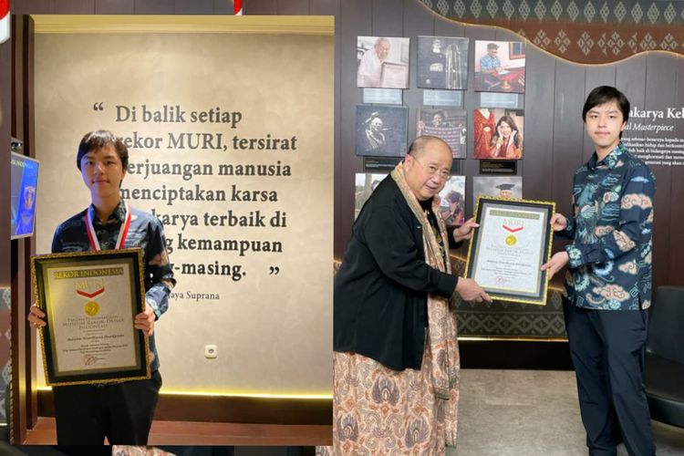 Pendiri MURI Jaya Suprana memberikan penghargaan pada Rainer W Hardjanto di Galeri MURI Jakarta. 
