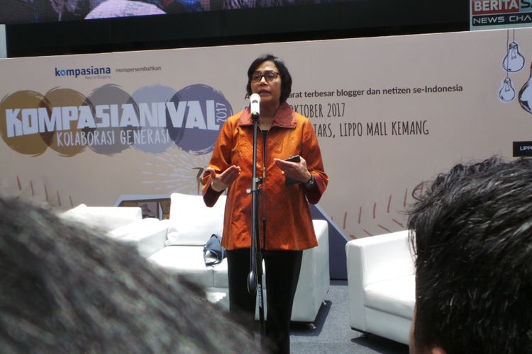 Menteri Keuangan Sri Mulyani saat berada di Kompasianival 2017, di Lippo Mall Kemang, Jakarta Selatan, Sabtu (21/10/2017).