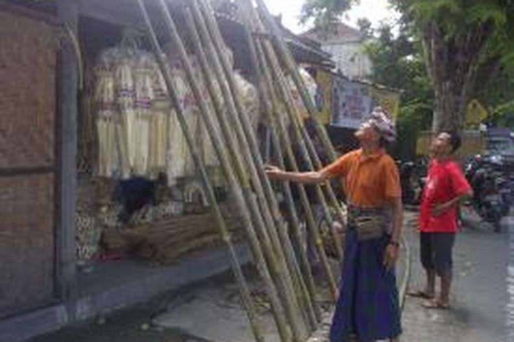 Seorang warga Denpasar, Bali, memilih bambu untuk dijadikan penjor menjelang Hari Raya Galungan, Minggu (19/12/2014).