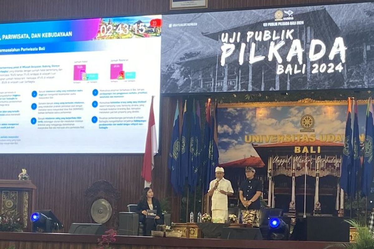 Paslon Pilkada Bali Nomor Urut 2 Wayan Koster-Giri Prasta saat uji publik di Universitas Udayana, Badung, Jumat (11/10/2024).