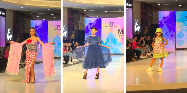 Koleksi busana anak di panggung Jogja Fashion Trend 2023 di Mall Pakuwon, Yogyakarta, Rabu (13/7/2023).