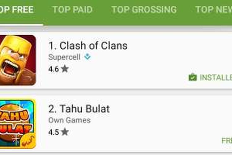 Game Tahu Bulat di Play Store, menempel game populer Clash of Clans.