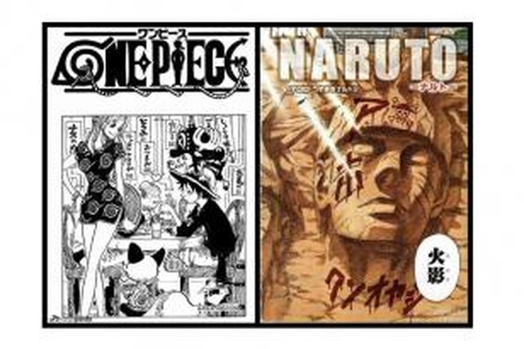 One Piece chapter 766 (kiri) dan Naruto chapter 700 (kanan).