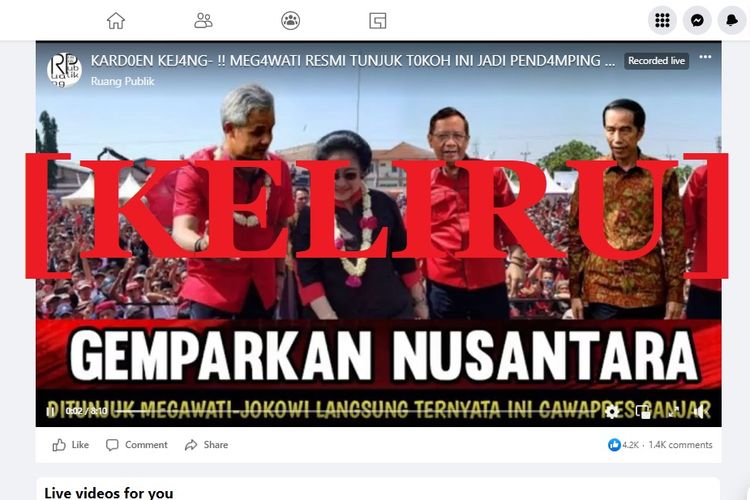Tangkapan layar Facebook yang mengeklaim bahwa Megawati telah menunjuk Mahfud MD sebagai cawapres Ganjar Pranowo