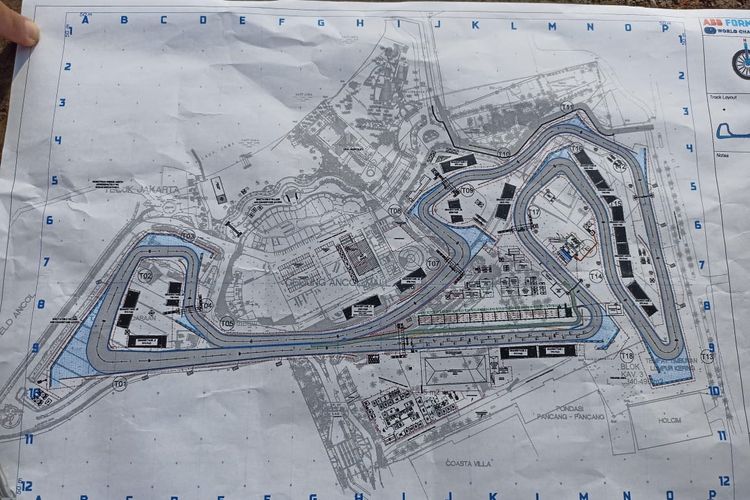 Peta terbaru rencana pembangunan sirkuit Formula E setelah alami revisi dari FEO, penambahan wilayah yang diarsir biru untuk aspek keselamatan 