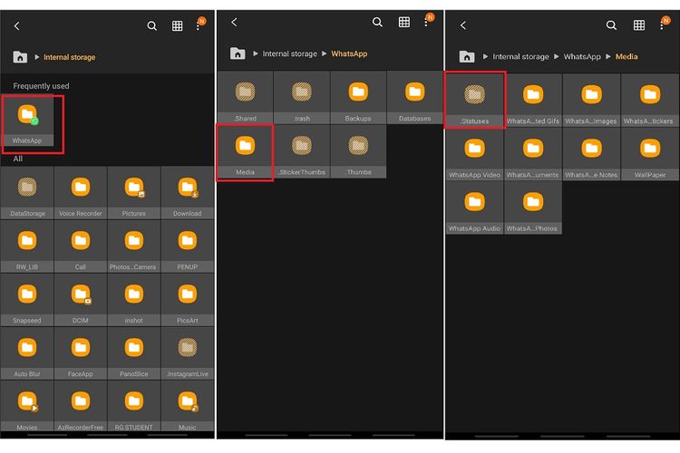 Cara menghapus file WhatsApp Status yang tersimpan di memori internal. Di ruang penyimpanan ini, pengguna juga bisa menghapus file stiker dan gif yang sudah diunduh.