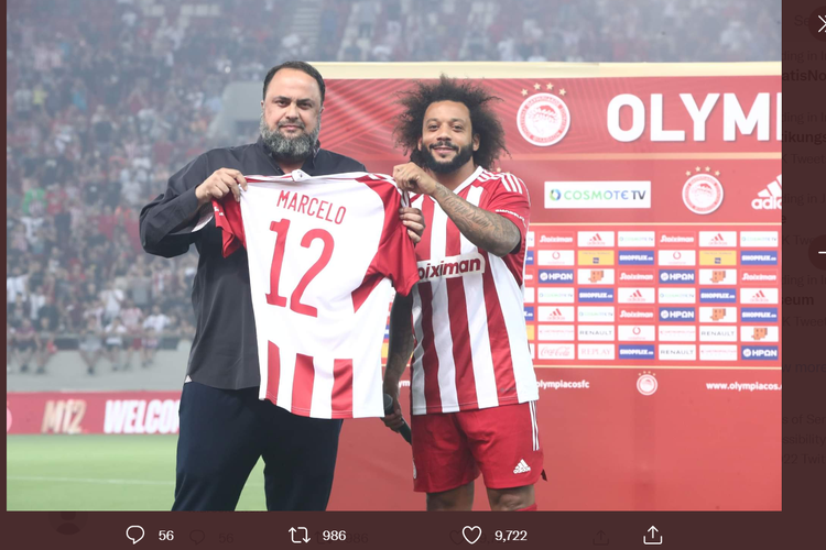 Pemain asal Brasil, Marcelo (kanan), resmi berseragam klub Yunani, Olympiacos, setelah meninggalkan Real Madrid. Kini, dia kembali berstatus tanpa klub karena mengakhiri kontrak dengan Olympiakos.