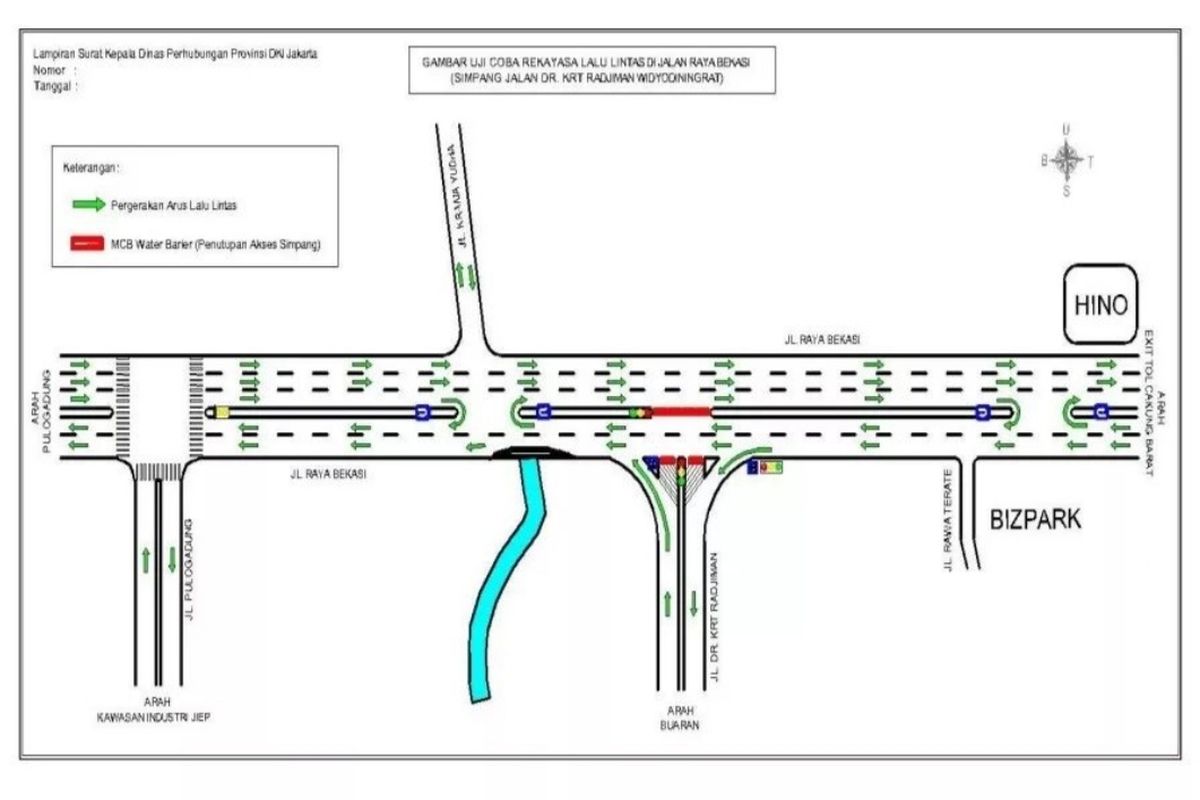 Pemerintah Kota Jakarta Timur (Pemkot Jaktim) akan melakukan rekayasa lalu lintas di Jalan Raya Bekasi, tepatnya di simpang Jalan Dr KRT Widyodiningrat, Kecamatan Cakung, Jakarta Timur. Pelaksanaan uji coba rekayasa lalu lintas itu berlangsung selama sepekan, dimulai pada Rabu (30/3/2022) hingga Rabu (6/4/2022).