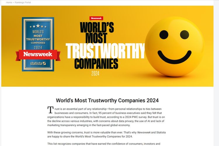 Tangkapan layar sampul dari situs web Newsweek yang menampilkan 1.000 perusahaan paling terpercaya di dunia tahun 2024.
