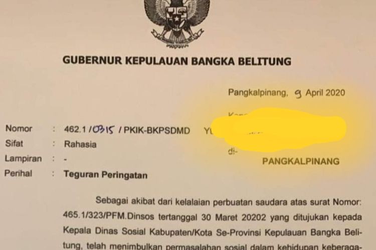 Surat teguran yang dilayangkan Gubernur Kepulauan Bangka Belitung, 9 April 2020.