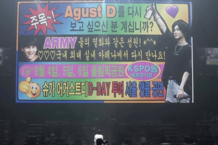 Pengumuman konser final Suga Agust D Tour di Seoul yang akan digelar pada 4-6 Agustus 2023 di KSPO Dome.