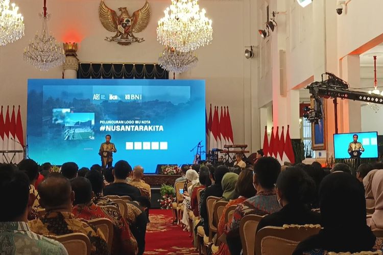 Presiden Joko Widodo saat menyampaikan sambutan di peluncuran logo IKN di Istana Negara, Jakarta, Selasa (30/5/2023).