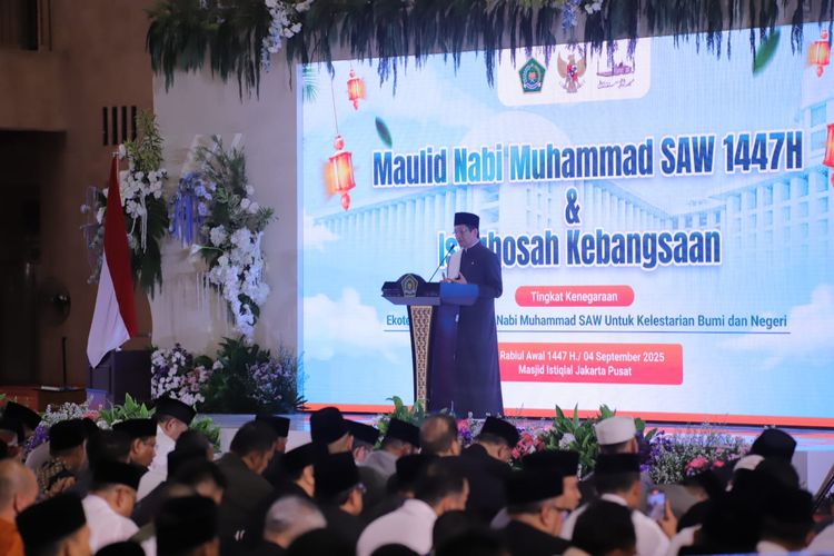 Menteri Agama (Menag) Nasaruddin Umar memperkenalkan konsep ekoteologi dalam Peringatan Maulid Nabi Muhammad SAW 1447 Hijriah sekaligus Istighosah Kebangsaan di Masjid Istiqlal, Jakarta, Jumat (5/9/2025).
