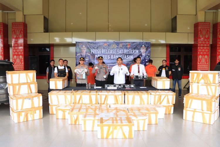 Polres Banyuasin saat melakukan gelar perkara terkait ungkap kasus penyelundupan benih lobster senilai Rp 19,7miliar, Sabtu (10/6/2023).