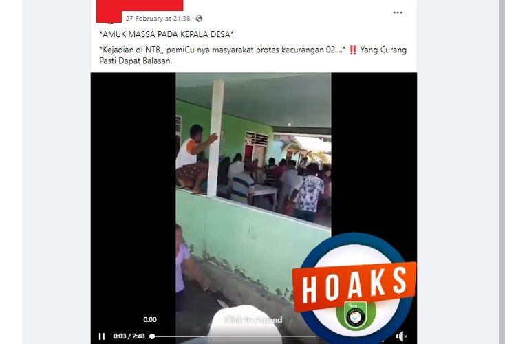 Tangkapan layar Facebook narasi yang menyebut seorang Kades di NTB diamuk massa karena lakukan pelanggaran pemilu