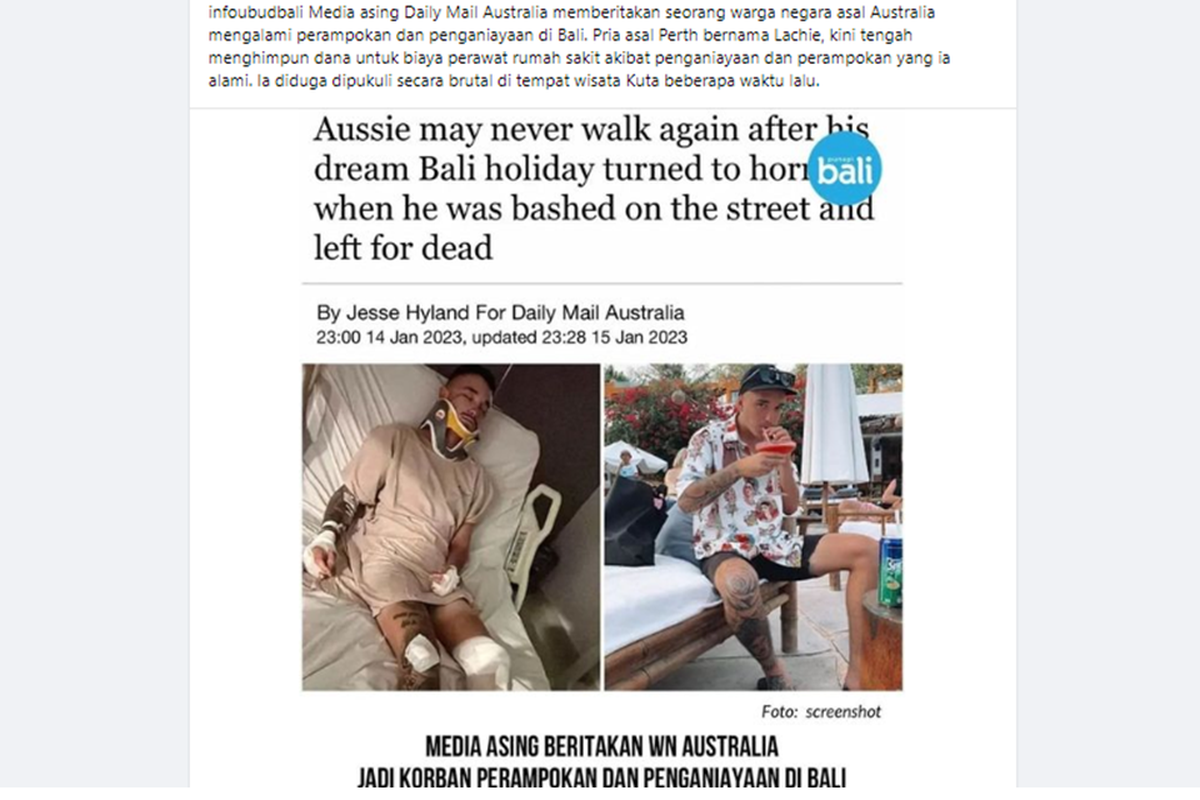 Tangkapan layar unggahan soal warga negara asing (WNA) asal Australia disebut mengalami perampokan dan penganiayaan di Bali.