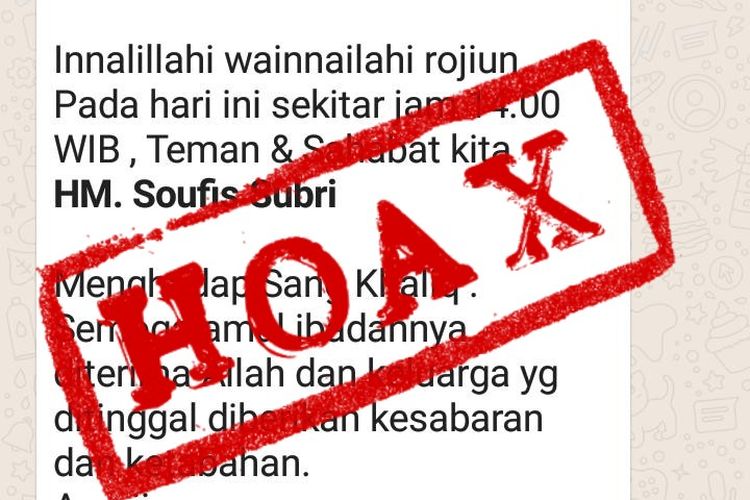 Tangkapan layar yang berisi kabar hoax Wakil Wali Kota Probolinggo meninggal dunia setelah terkonfirmasi positif corona.