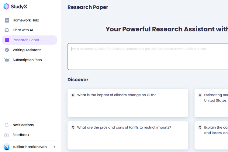 Tampilan fitur Research Paper StudyX buat mencari jawaban yang disertai sumber dan referensi.