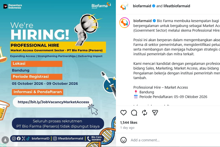 Bio Farma Buka Lowongan Kerja hingga 9 Oktober 2026, Cek Syaratnya
