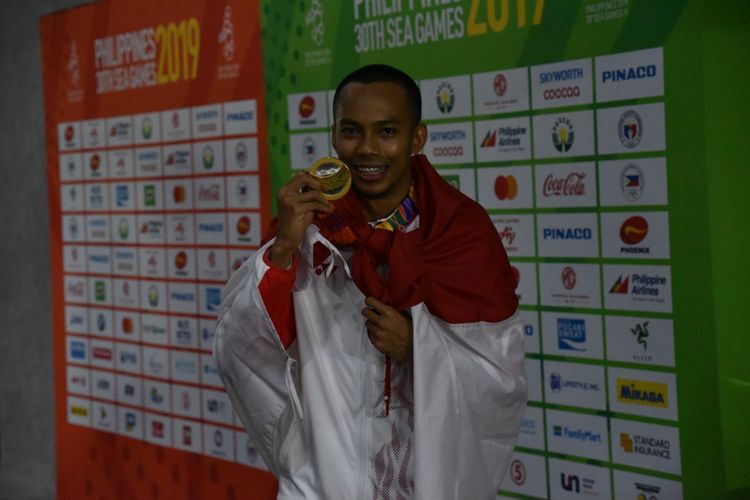 Sapwaturrahman, peraih medali emas cabang olahraga (cabor) atletik di nomor lompat jauh putra di SEA Games 2019, Sabtu (7/12/2019).