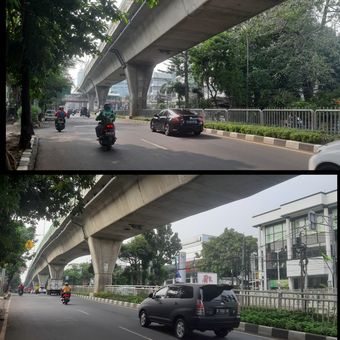 Pembatas median jalan di Tendean yang diberi pagar untuk memaksa pejalan kaki menyeberang lewat JPO. Akibatnya, rute yang ditempuh pejalan kaki lebih jauh dari yang seharusnya.