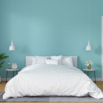 Ilustrasi kamar tidur dengan warna cat biru muda.