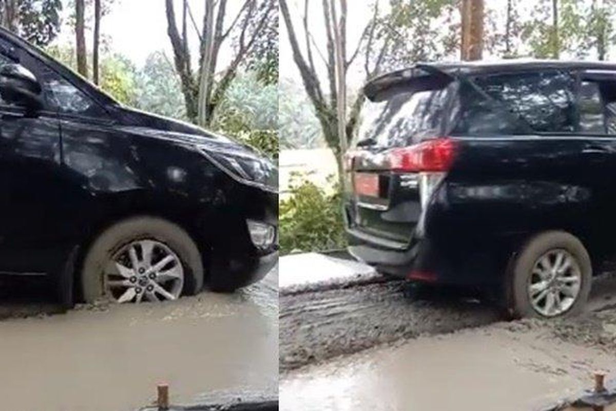 Tangkapan layar video mobil kadis Lubuklinggau lewati jalan baru dicor.