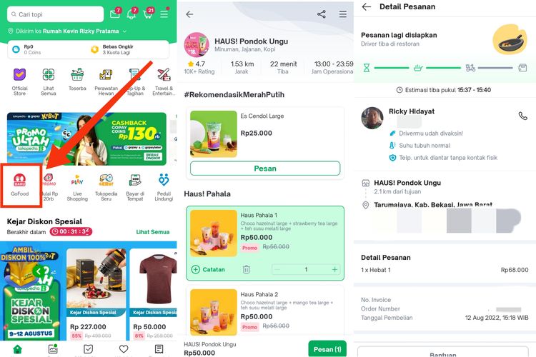 Cara memesan GoFood lewat aplikasi Tokopedia.