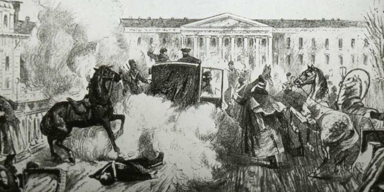 Ilustrasi serangan bom bunuh diri pertama di dunia yang dilakukan Ignaty Grinevitsky untuk menargetkan Tsar Alexander II dari Rusia. [Via AOAV.org.uk]