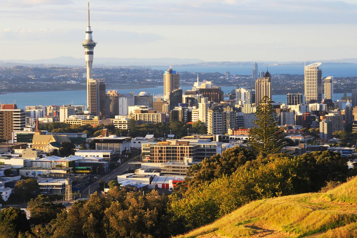 Ilustrasi pemandangan kota Auckland, Selandia Baru. 