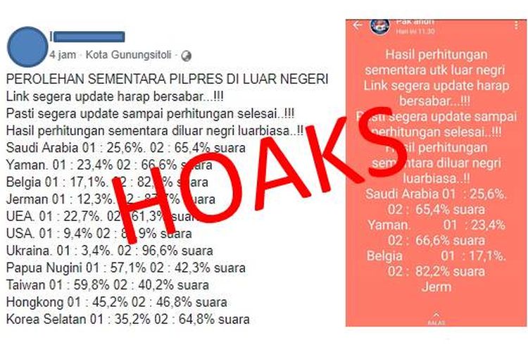 Hoaks penghitungan suara Pemilu 2019 di luar negeri yang beredar di Facebook dan WhatsApp.