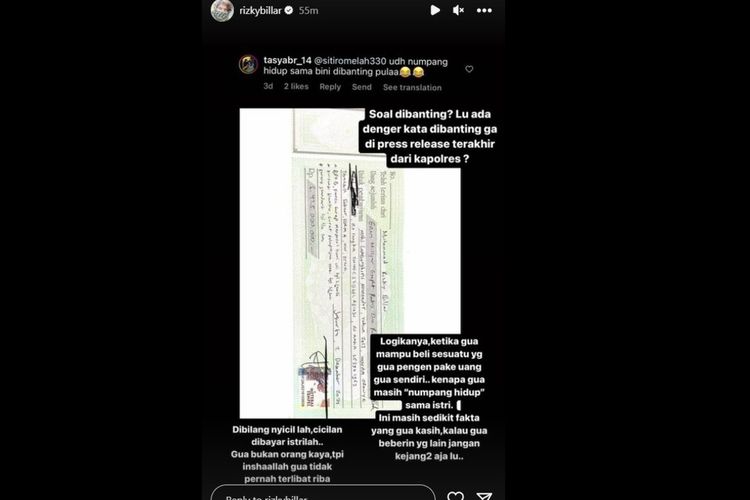 Melalui Instagram story, Rizky Billar klarifikasi soal KDRT terhadap Lesti Kejora hingga numpang hidup.