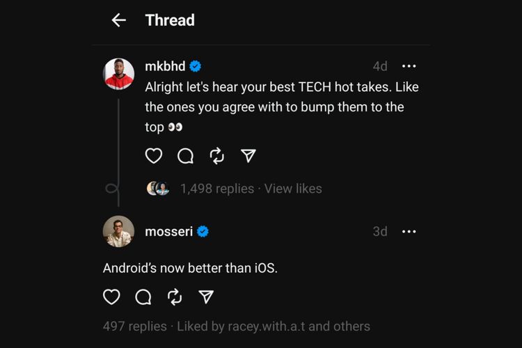 Tangkapan layar komentar CEO Instagram Adam Mosseri yang menyebutkan Android kini lebih baik dari iOS.