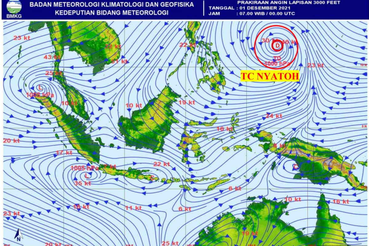 Prakiraan streamline Siklon tropis Nyatoh pada 1 Desember 2021