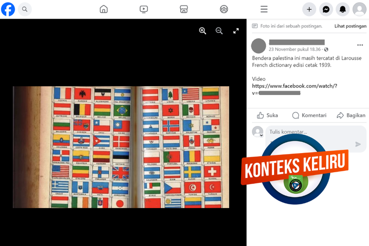 Tangkapan layar unggahan dengan konteks keliru di sebuah akun Facebook, 23 November 2023, soal bendera resmi Palestina biru-putih dengan simbol Bintang Daud.