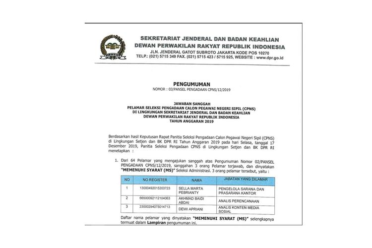 Setjen Dpr Ri Umumkan Hasil Final Seleksi Administrasi Cpns 2019