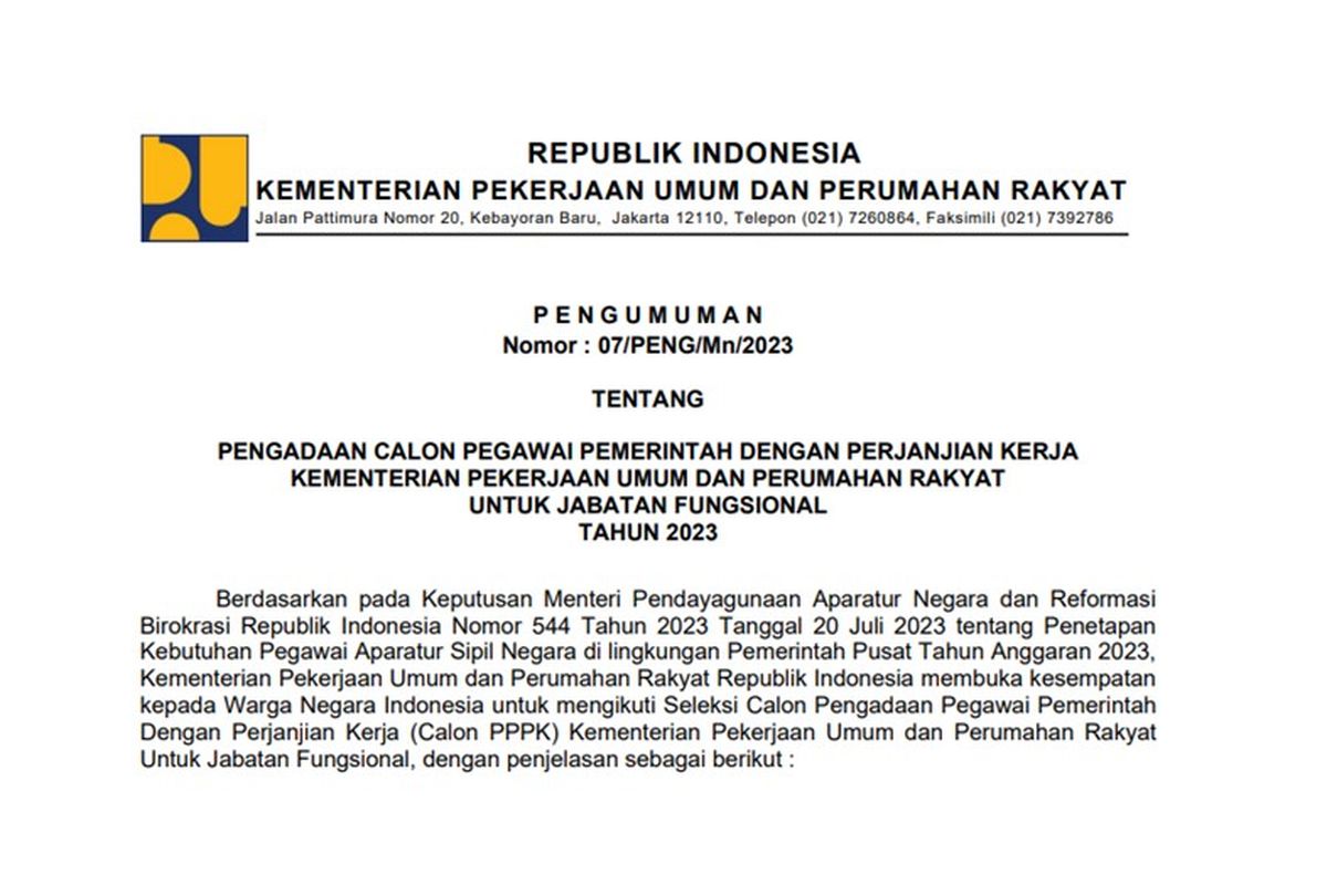 Kementerian PUPR Buka Lowongan 3.027 Formasi PPPK 2023, Simak Informasinya