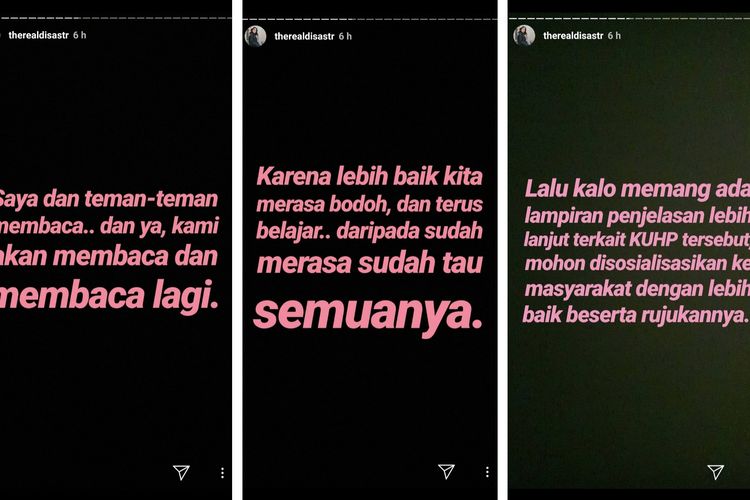 Tulisan Dian Sastro di Instagram Story, Selasa (24/9/2019).